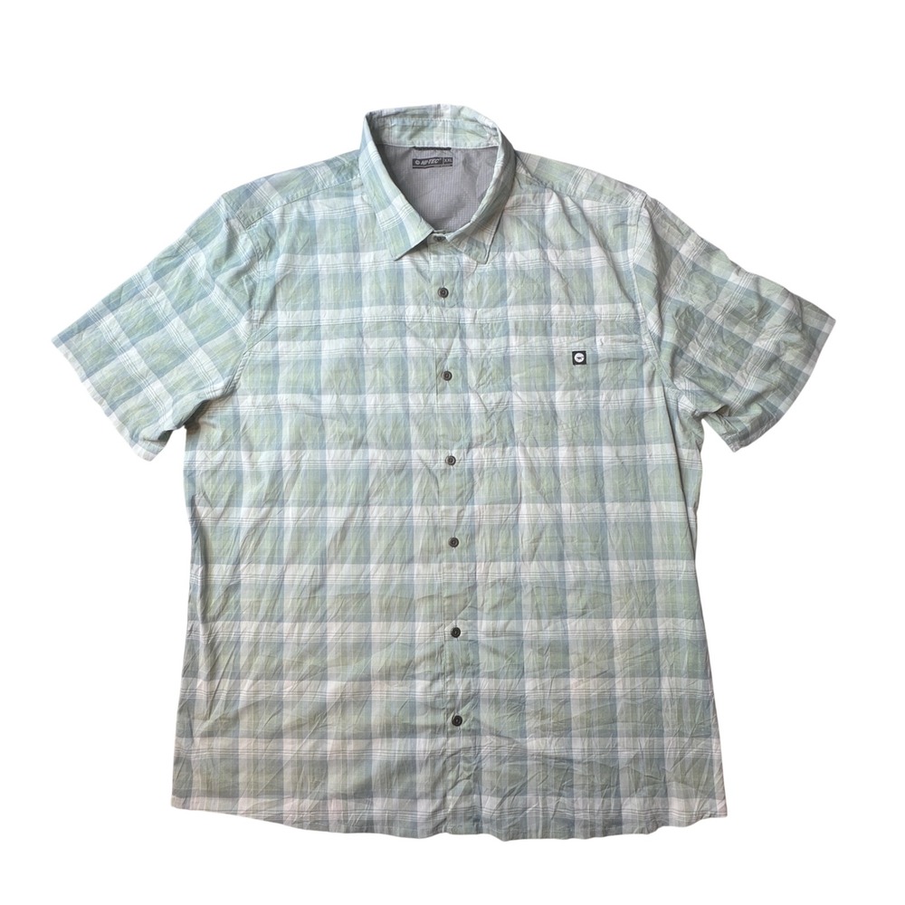 Hi-Tec Shirt Mens XXL Green Plaid Button Up Short Sleeve Hiking Outdoor Stretch